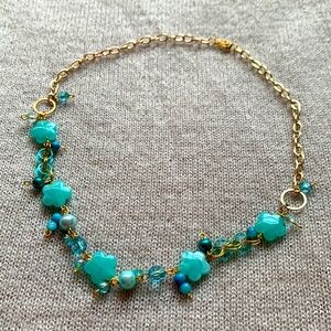 2x18$ 🎁 💎 CREATION - Short Necklace - Aqua Turquoise flower - gold details